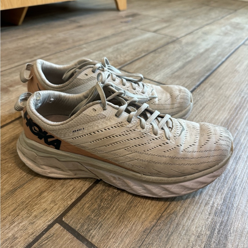 Hoka Cream and Tan Athletic Shoes